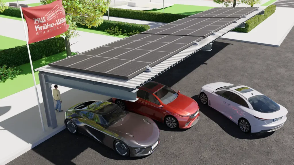 Carport aus Stahl mit Photovoltaik-Anlage von Krähe + Wöhr