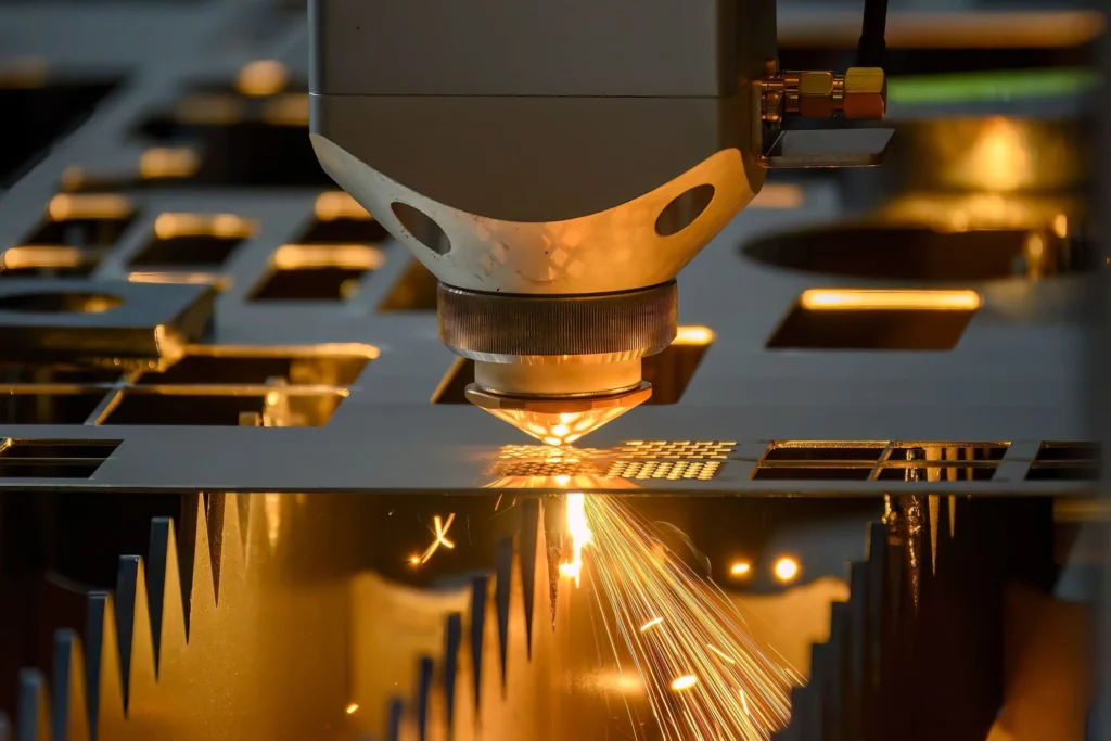 Nahaufnahme eines Laserschnittes Ein Laserstrahl, der Stahl schneidet